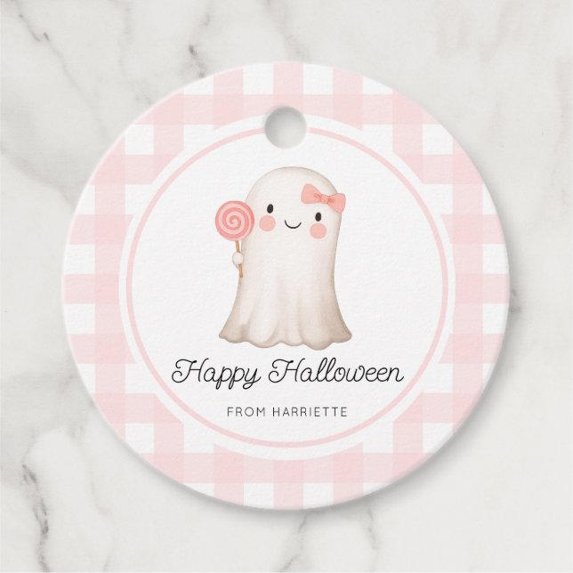 Pink Gingham Happy Halloween Niedlich Ghost Geschenkanhänger (Vorderseite)