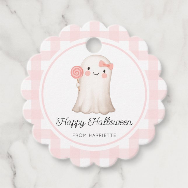 Pink Gingham Happy Halloween Niedlich Ghost Geschenkanhänger (Vorderseite)