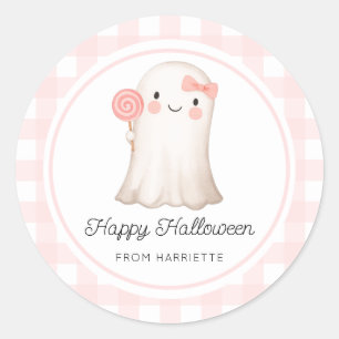 Pink Gingham Happy Halloween Niedlich Ghost Runder Aufkleber