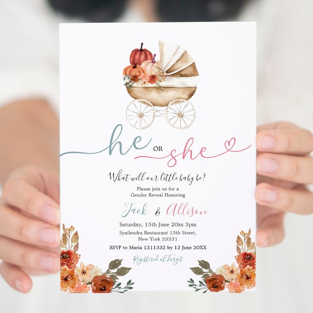 Pink Gingham He or She Blue Pumpkin Gender Reveal Einladung (Von Creator hochgeladen)