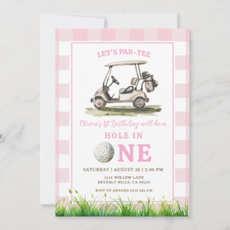 Pink Gingham Hole in One Golf Mädchen Geburtstag Einladung