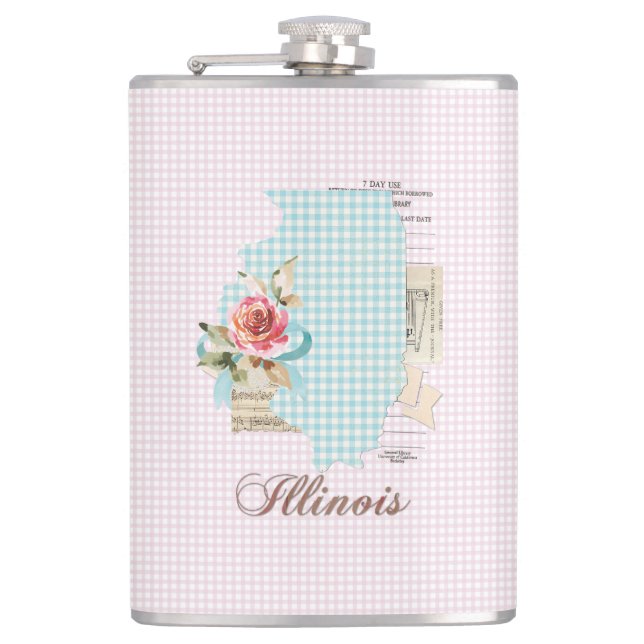 Pink Gingham Illinois Staat Vinyl Wrapped Flask Flachmann (Vorderseite)