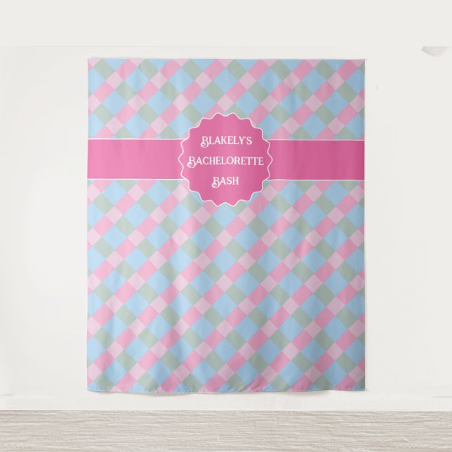 Pink gingham kariert Bachelorette Tapestry Wandteppich (Vorderseite)