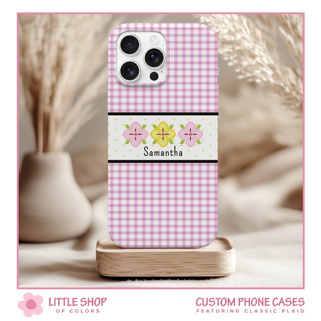 Pink Gingham Kariert Floral Monogram Case-Mate iPhone Hülle (Von Creator hochgeladen)
