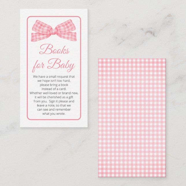 Pink Gingham Karo Bow Baby Showbücher für Baby Begleitkarte (Vorne/Hinten)
