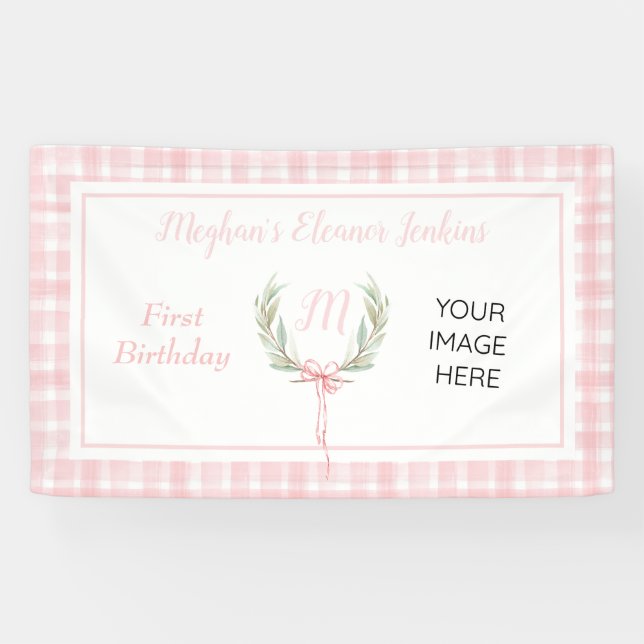 Pink Gingham Laurel Wappen Birthday Banner (Horizontal)