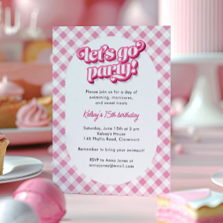 Pink Gingham Let's Go Party Geburtstag Einladung