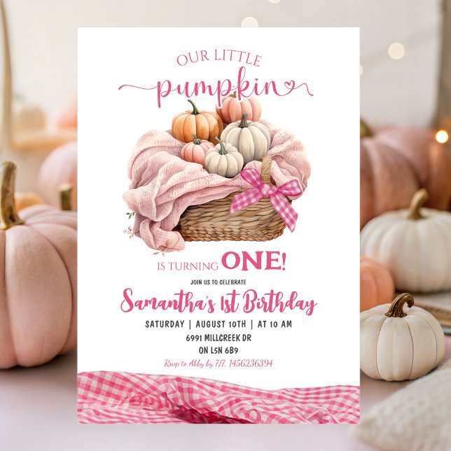 Pink Gingham Little Pumpkin Birthday Einladung (Von Creator hochgeladen)