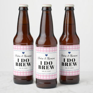 Pink Gingham mit Navy Blue I Do Brew Wedding Bierflaschenetikett