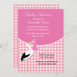 Pink Gingham mit Stork Baby Shower Einladung