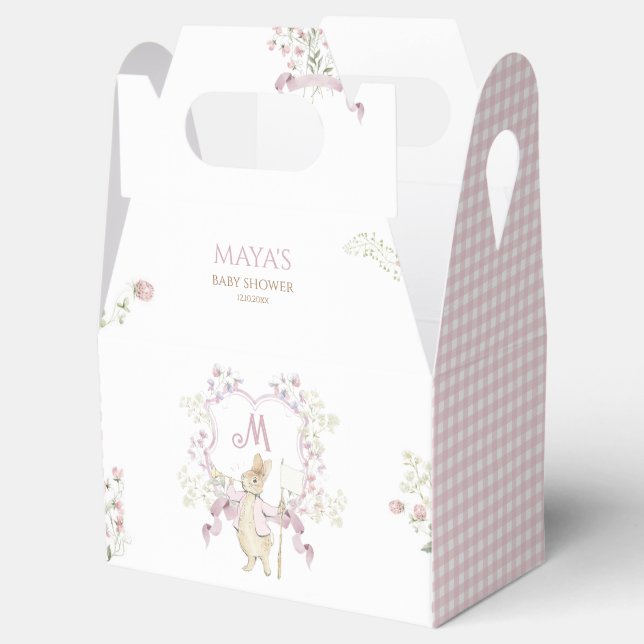 Pink Gingham Monogram Peter the Rabbit Baby Shower Geschenkschachtel (Geöffnet)
