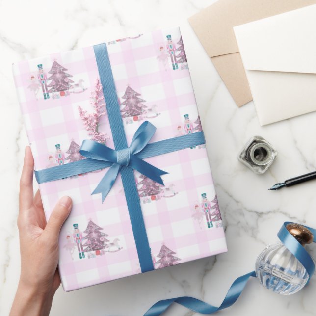 Pink Gingham Nutcracker Weihnachtswrapping Papier Geschenkpapier (Schenken)
