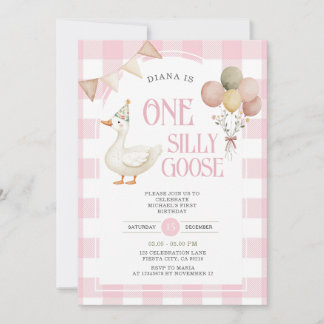 PINK Gingham One Albern Goose Birthday Balloon Einladung