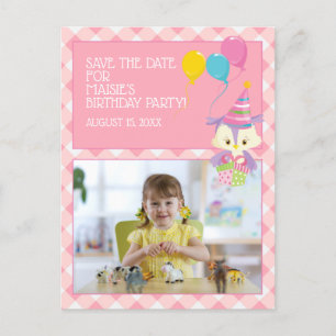 Pink Gingham Owl Child's Foto Geburtstag Rett Date Postkarte