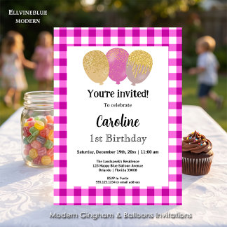 Pink Gingham, Party Balloons 1. Geburtstag Einladung