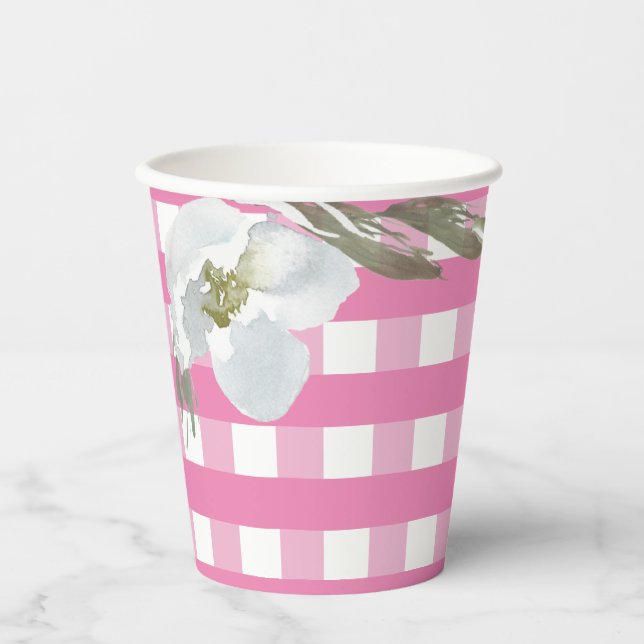 Pink Gingham Party Tableware Wasserfarbe Blume Pappbecher (Vorderseite)