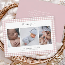 Pink Gingham Pattern Girls 3 Photo Thank You Card