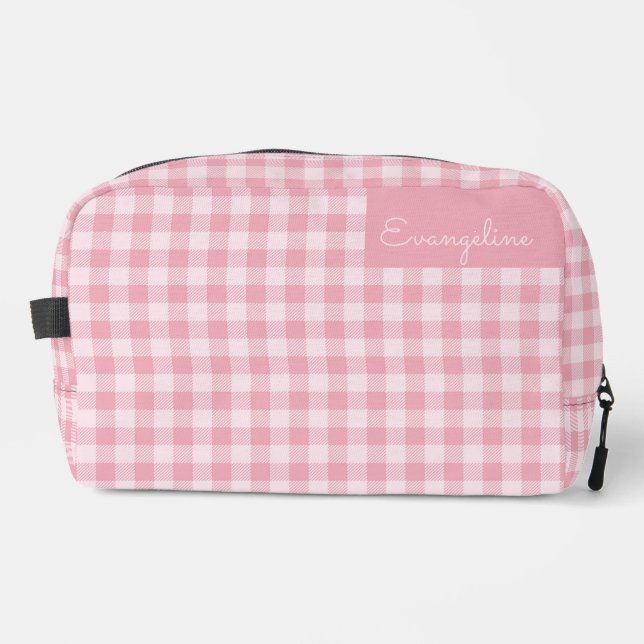 Pink Gingham Pattern Girly Checkered Plaid Name Waschbeutel (Vorderseite)