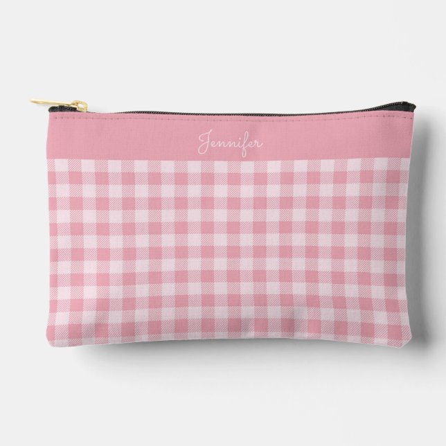 Pink Gingham Pattern Girly Checkered Plaid Name Zubehörtasche (Vorderseite)