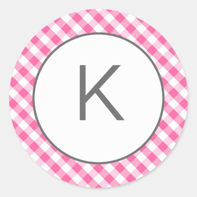 Pink Gingham Pattern Monogram Stickers (Vorderseite)