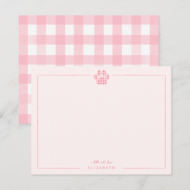 Pink Gingham Paw Print Baby Kinder Personalisiert Mitteilungskarte (Vorne/Hinten)