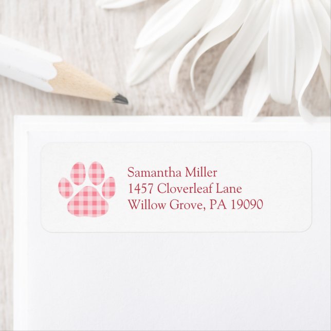 Pink Gingham Paw Print Return Address Label (Insitu)