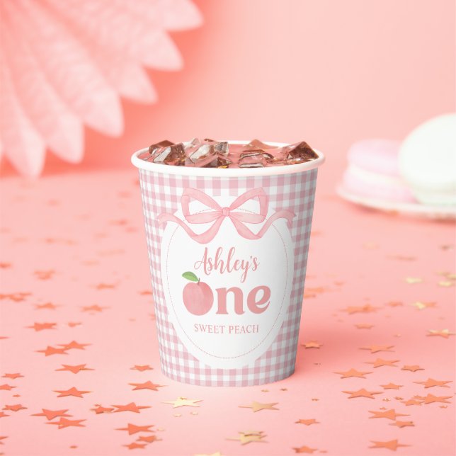Pink Gingham Peach Erster Geburtstag Pappbecher (Insitu)