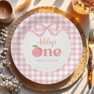 Pink Gingham Peach Erster Geburtstag Pappteller