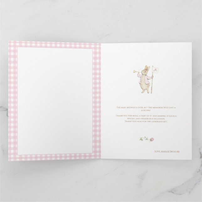 Pink Gingham Peter die Rabbit Monogram Baby Dusche Dankeskarte (Innenseite)