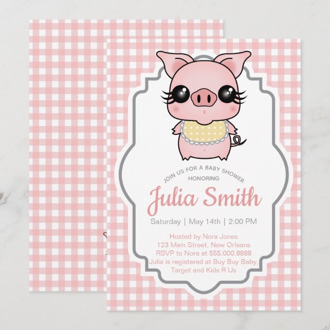Pink Gingham Piggy Baby Dusche Einladung (Vorne/Hinten)