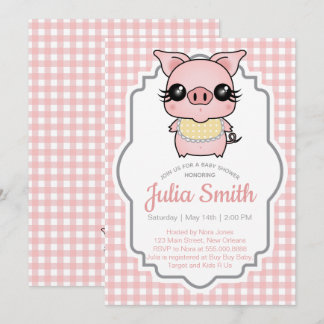 Pink Gingham Piggy Baby Dusche Einladung