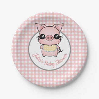 Pink Gingham Piggy Baby Dusche Pappteller