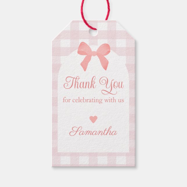 Pink Gingham Pink Bow Birthday Geschenkanhänger (Vorderseite)