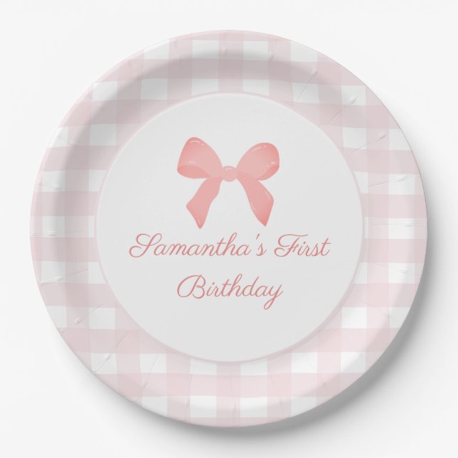 Pink Gingham Pink Bow Birthday Pappteller (Vorderseite)