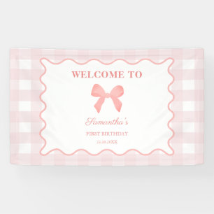 Pink Gingham Pink Bow Geburtstag Begrüßungszeichen Banner