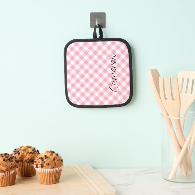 Pink Gingham Pot Holder mit Personalisiertem Namen Topflappen (Insitu (Hängend))