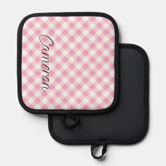 Pink Gingham Pot Holder mit Personalisiertem Namen Topflappen (Vorderseite/Rückseite)