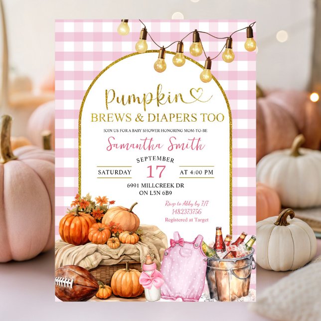 Pink Gingham Pumpkin Brews & Diapers Baby Dusche Einladung (Von Creator hochgeladen)
