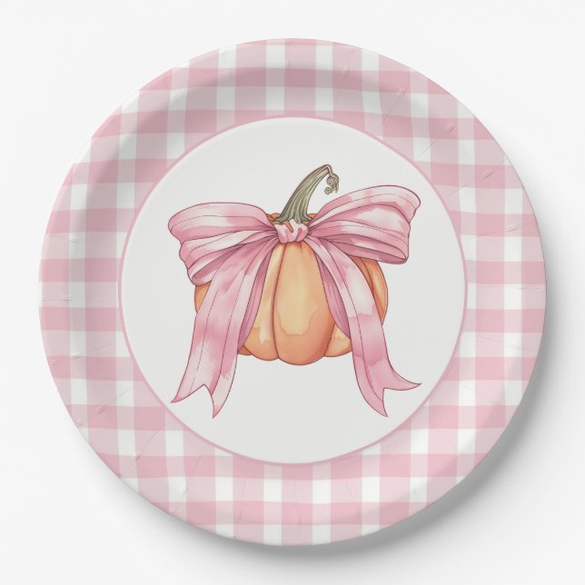 Pink Gingham Pumpkin mit einem Bow Pappteller (Vorderseite)