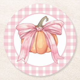 Pink Gingham Ribbon Pumpkin, Coquette Bow Runder Pappuntersetzer