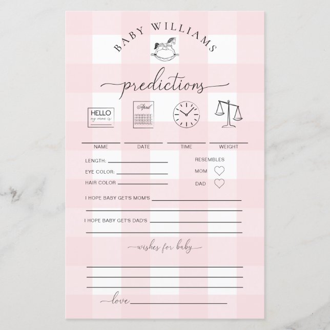 Pink Gingham Rocking Horse Baby Predictions Game (Vorderseite)