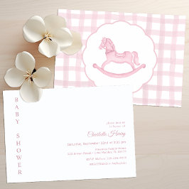 Pink Gingham Rocking Horse Baby Shower Einladung
