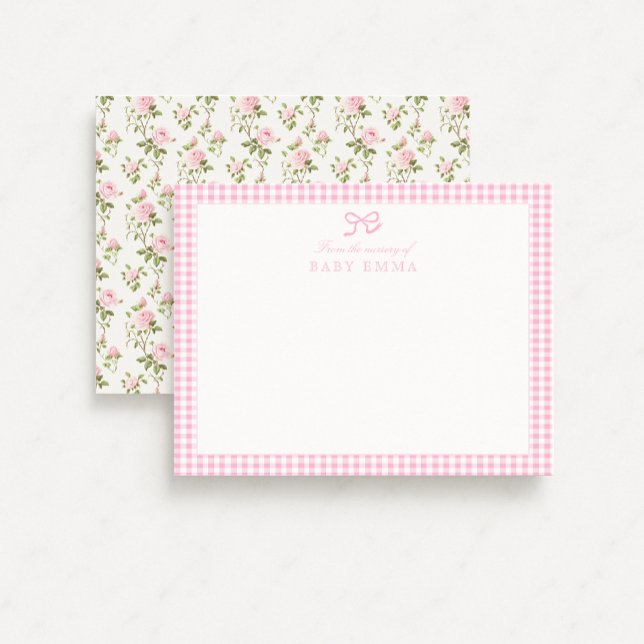 Pink Gingham & Rosen Floral Baby Note Card Einladung (Von Creator hochgeladen)