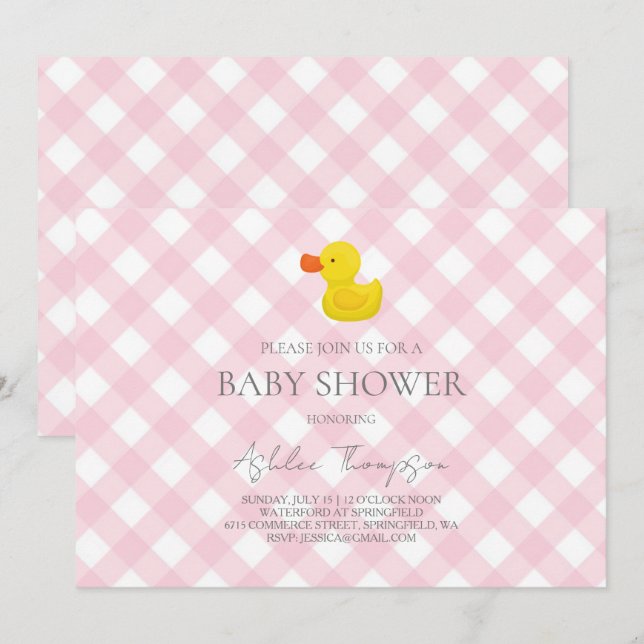 Pink Gingham Rubber Duckie Baby Shower Einladung (Vorne/Hinten)