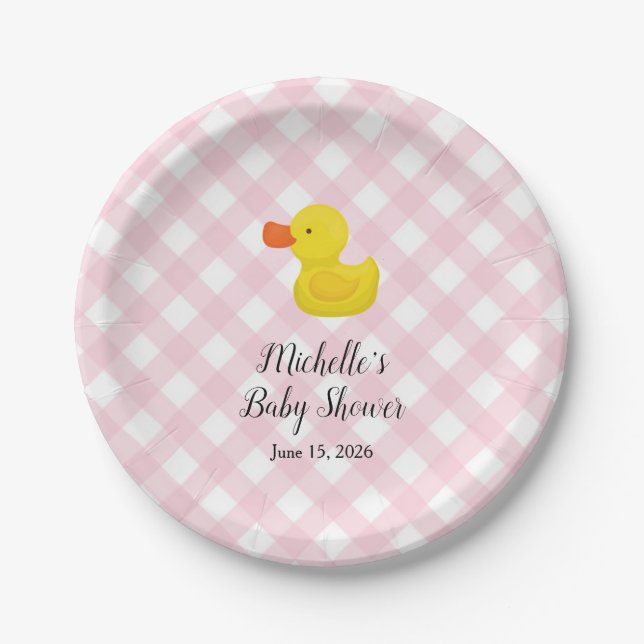 Pink Gingham Rubber Duckie Baby Shower Paper Plate Pappteller (Vorderseite)