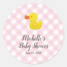 Pink Gingham Rubber Duckie Baby Shower Runder Aufkleber