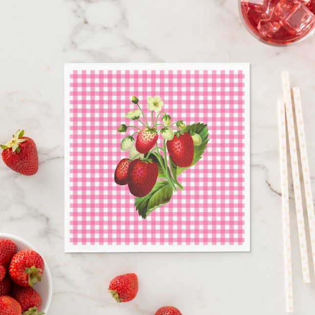 Pink Gingham & Strawberries Lunch Paper Napkin Serviette (Beispiel)