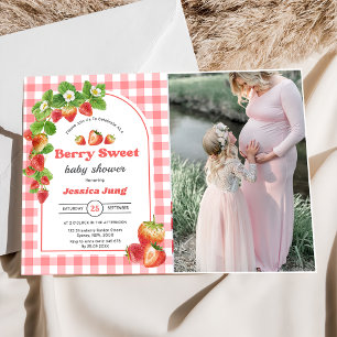 Pink Gingham Strawberry Baby Dusche Foto Einladung
