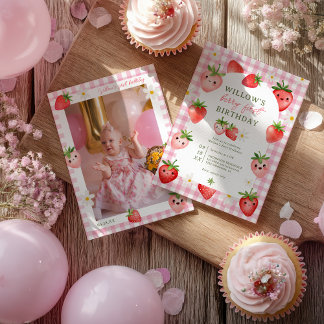 Pink Gingham Strawberry Berry Erster Geburtstag Einladung