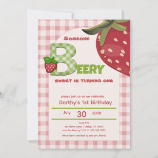 Pink Gingham Strawberry Berry First Birthday  Invi Einladung